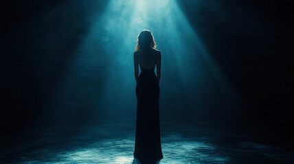 Fototapeta premium A high-fashion model standing under a single spotlight in a dark room, showcasing an elegant outfit. The shadows play across the scene, adding an air of mystery and sophistication.
