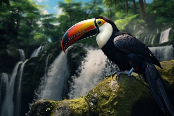 Fototapeta premium Photorealistic Toucan Overlooking Waterfall with Soggy Elegance