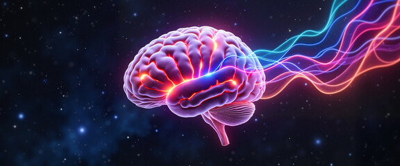 Glowing brain with colorful energy streams in cosmic space