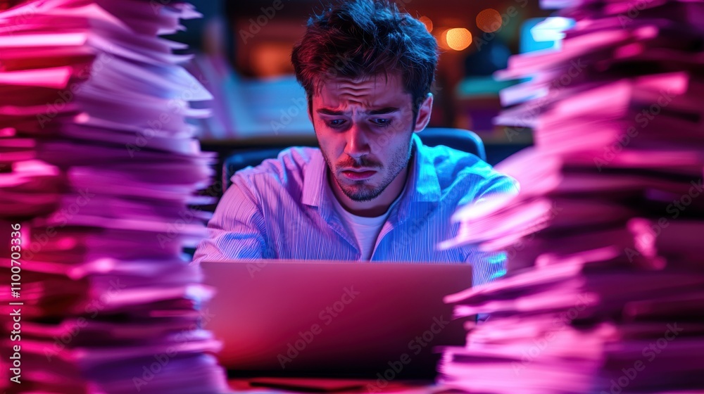 Fototapete upset graphic designer flipping through failed project concepts, colorful office background, bright 