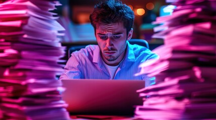 Upset graphic designer flipping through failed project concepts, colorful office background, bright lighting, computer displaying error, copy space for design revision struggles