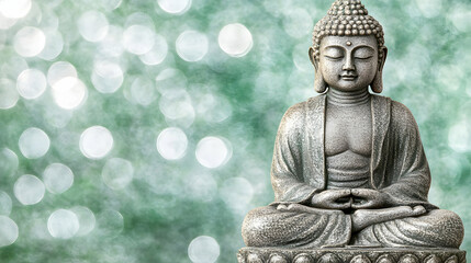 Obraz premium Serene Stone Buddha Statue on Shimmering Green Background