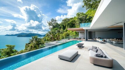 Fototapeta premium Modern villa by the beach with spacious open plan, outdoor lounge, and sea view
