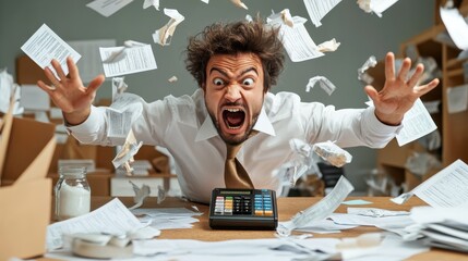 Irritated accountant slamming calculator on desk, spreadsheet displaying financial discrepancies on screen, cluttered workspace, copy space for bookkeeping mistakes