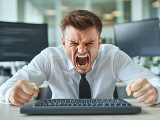 Irritated data analyst slamming keyboard in frustration, unresponsive data software, dual monitors displaying error, modern office space, copy space for data processing issues