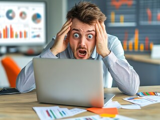 Annoyed digital marketer closing laptop in frustration, poor ROI stats on screen, modern office with marketing tools scattered, copy space for marketing performance issues