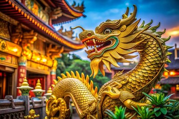 Majestic Gold Dragon Statue in a Serene Chinese Temple Surrounded by Lush Greenery and Intricate Architectural Details, Captured in Stunning Macro Photography