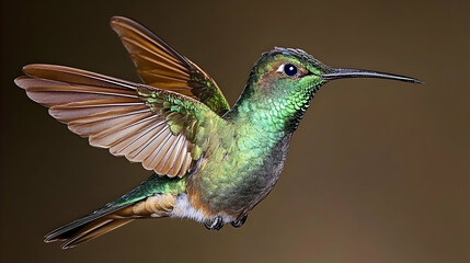 Fototapeta premium Vibrant Hummingbird in Mid-Flight with Colorful Feathers Displayed