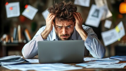 Angry accountant pacing in frustration, laptop displaying incorrect tax calculations, messy desk with financial documents, copy space for tax preparation problems