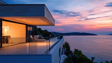 Fototapeta premium Oceanfront residence with minimalist design, private balcony, and panoramic sea view