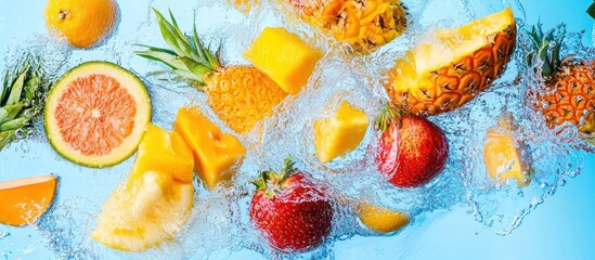 A mix of tropical fruits splashing into water, vibrant colors, high-speed photography 