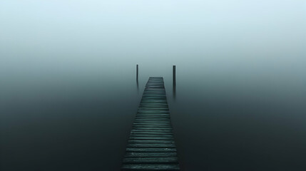 Obraz premium Serene Misty Dock Emerging from Fog over Still Water Reflections