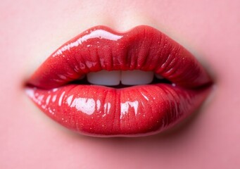 Obraz premium Glossy red lips with a hint of shine captured in a close-up view