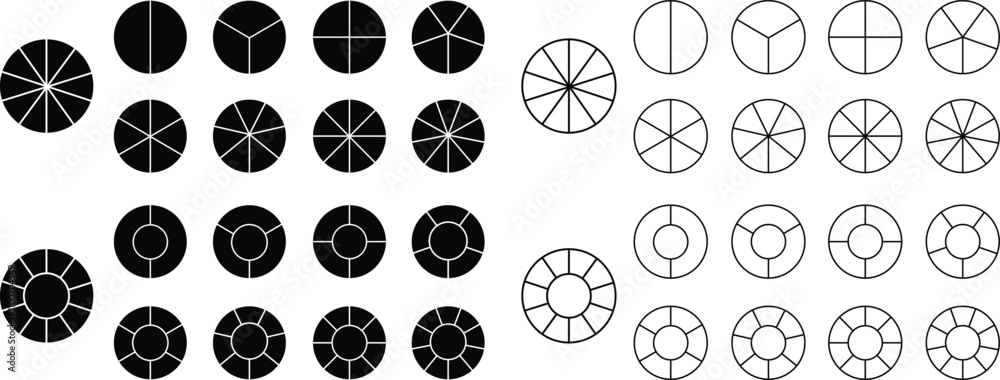 Poster pie chart infographic flat, line icons set. circle diagram with section or parts. segmented circle v