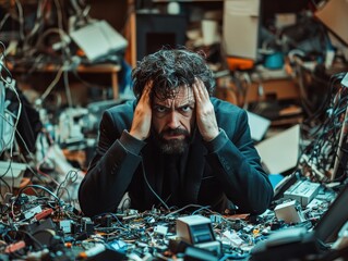 Exasperated software engineer rubbing forehead, messy desk with cables and gadgets, computer screen flashing error, isolated office background, space for IT crisis theme