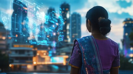 Obraz premium Indian people featured in futuristic urban settings with smart city infrastructure, emphasizing technological progress