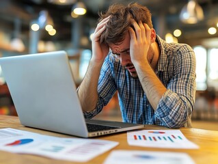 Frustrated digital marketer pushing away reports, low conversion rate displayed on laptop, isolated office background with marketing materials, copy space for campaign optimization