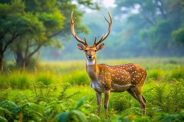 Fototapeta premium Majestic Male Spotted Deer in Dhikala Jim Corbett: A Winter Safari Adventure in Uttarakhand's Lush Green Wilderness