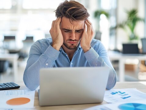 Annoyed digital marketer closing laptop in frustration, poor ROI stats on screen, modern office with marketing tools scattered, copy space for marketing performance issues