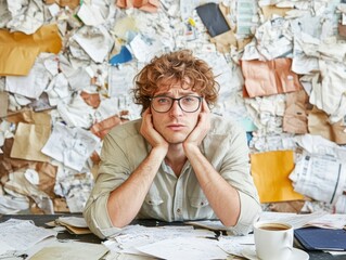 Frustrated web developer staring at broken code on screen, messy desk with coffee cup and scattered notes, modern office space, copy space for coding challenges and web issues
