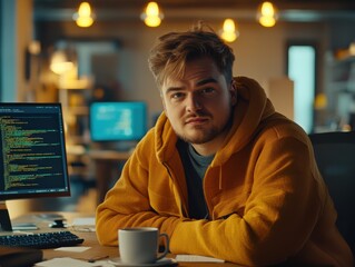 Frustrated web developer staring at broken code on screen, messy desk with coffee cup and scattered notes, modern office space, copy space for coding challenges and web issues