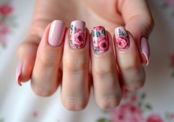 Naklejka premium Elegant pink manicure with floral designs showcasing artistry and creativity