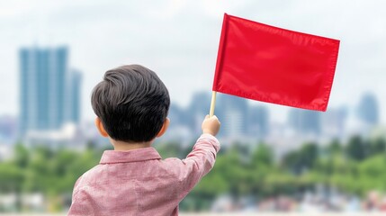 A child holds a small red flag against a blurred cityscape, symbolizing playfulness or a call for attention.