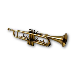 Obraz premium Studio shot of a gleaming golden trumpet isolated on a white background. Perfect for musical themes, advertising, or design projects.