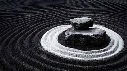 Naklejka premium Tranquil Zen Garden with Smooth Stones and Raked Sand Patterns