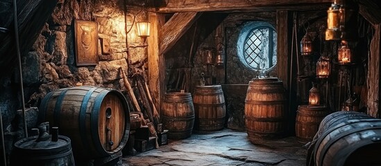 Naklejka premium A medieval wine cellar with wooden barrels and old lanterns