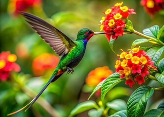 Male Red-billed Streamertail Feeding on Vibrant Flowers in Rocklands, Montego Bay, Jamaica, Captured by Drone Photography in January's Lush Landscape