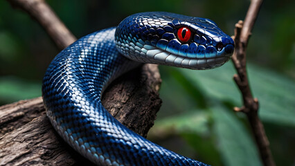 Fototapeta premium A blue and red snake is curled up on a branch. The blue color of the snake is striking and the red eyes add to its menacing appearance