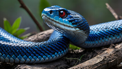 A blue snake with red eyes is on a branch. The snake is curled up and he is resting