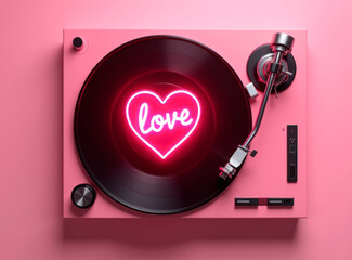 Vinyl record player with disc on pink background, top view, neon write love on vinyl record
