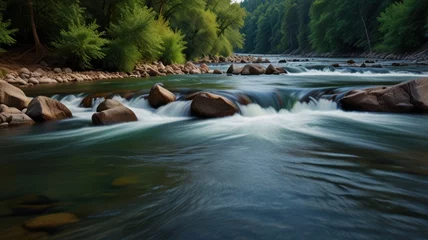 Fleecedeken met foto Serene river flowing through lush forest, rocks in foreground, long exposure. © Syarif