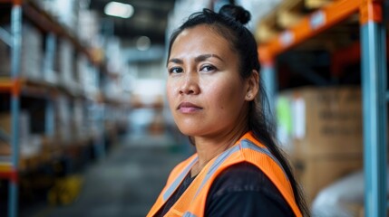 Naklejka premium Portrait of Female Warehouse Supervisor working in leading distribution warehouse. She having skilled in audit daily operations, telephoto lens summer daylight cool color