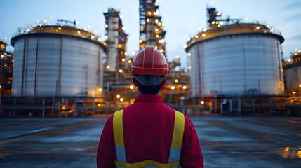 Obraz premium Worker Observing Industrial Plant at Dusk with Bright Lights