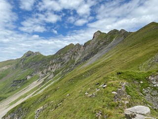 Fototapeta premium Alpine meadows and pastures on the slopes of the Uri Alps mountain massif, Melchtal - Canton of Obwalden, Switzerland (Kanton Obwald, Schweiz)