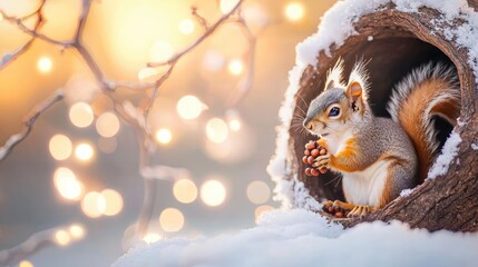 Fototapeta premium Christmas wildlife habitat concept. Squirrel gathering acorns in a hollow tree trunk, surrounded by snow-covered branches and a soft Christmas glow