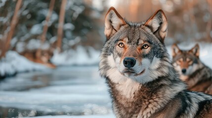 Fototapeta premium Christmas wildlife habitat concept. A wolf pack resting near a frozen stream in a snowy forest, soft holiday glow illuminating their habitat