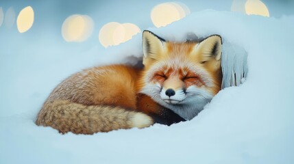 Obraz premium Christmas wildlife habitat concept. Arctic fox curled up in a cozy snow cave, surrounded by glistening icicles and festive auroras