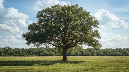 A tall, majestic oak tree with sprawling branches and green leaves, standing alone in a peaceful meadow