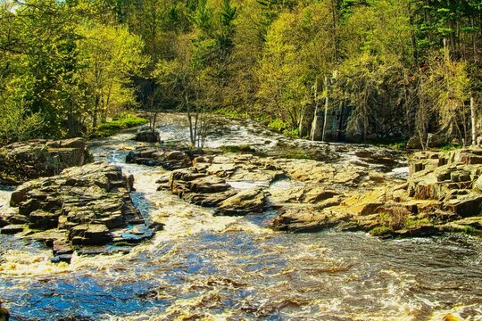 Beautiful Sumner landscape of the Eau Claire River cascading over rocks as it passes through a lush green forest near Aniwa, WI.