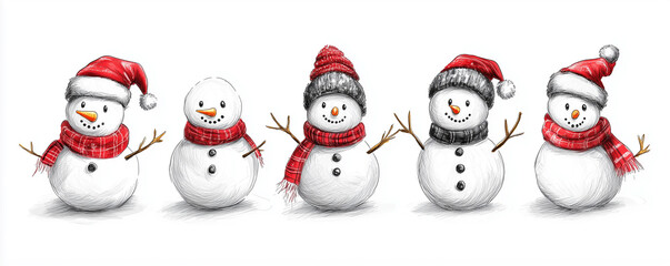 Fototapeta premium vector set, cute snowman, christmas, festival, pencil drawing 