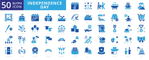 Naklejka premium Independence day icon set with hat, veteran, baseball, fishing, ribbon, shopping, fireworks, star, cake, flag, banners, balloons, letter, concert, picnic, medal, swimming, candle, and clothing