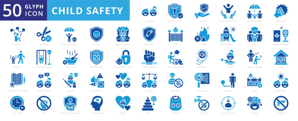 Child safety icon set with abuse, children, lock, bullying, protection, fist, vaccine, water, family, heart, love, home, fire, data, shield, electricity, toy, psychology, justice, and helmet