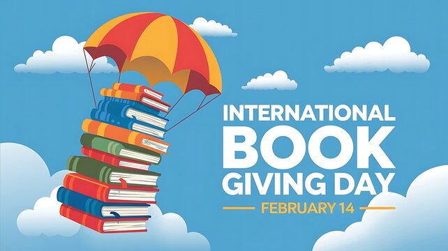 Inspiring Illustration for International Book Giving Day with Colorful Books and Parachute in Bright Blue Sky