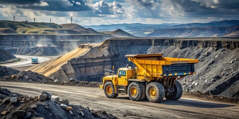 Minimalist Industrial Scene of Open Pit Coal Mining Featuring a Large Yellow Dump Truck Transporting Coal Soil Through the Quarry Landscape