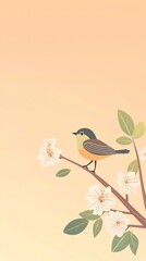 Delicate songbird perched on a cherry blossom branch surrounded by soft pink petals and green foliage in a serene springtime nature scene