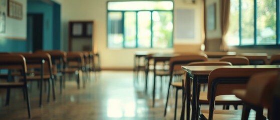 Empty classroom desks and chairs, sunlight through window.